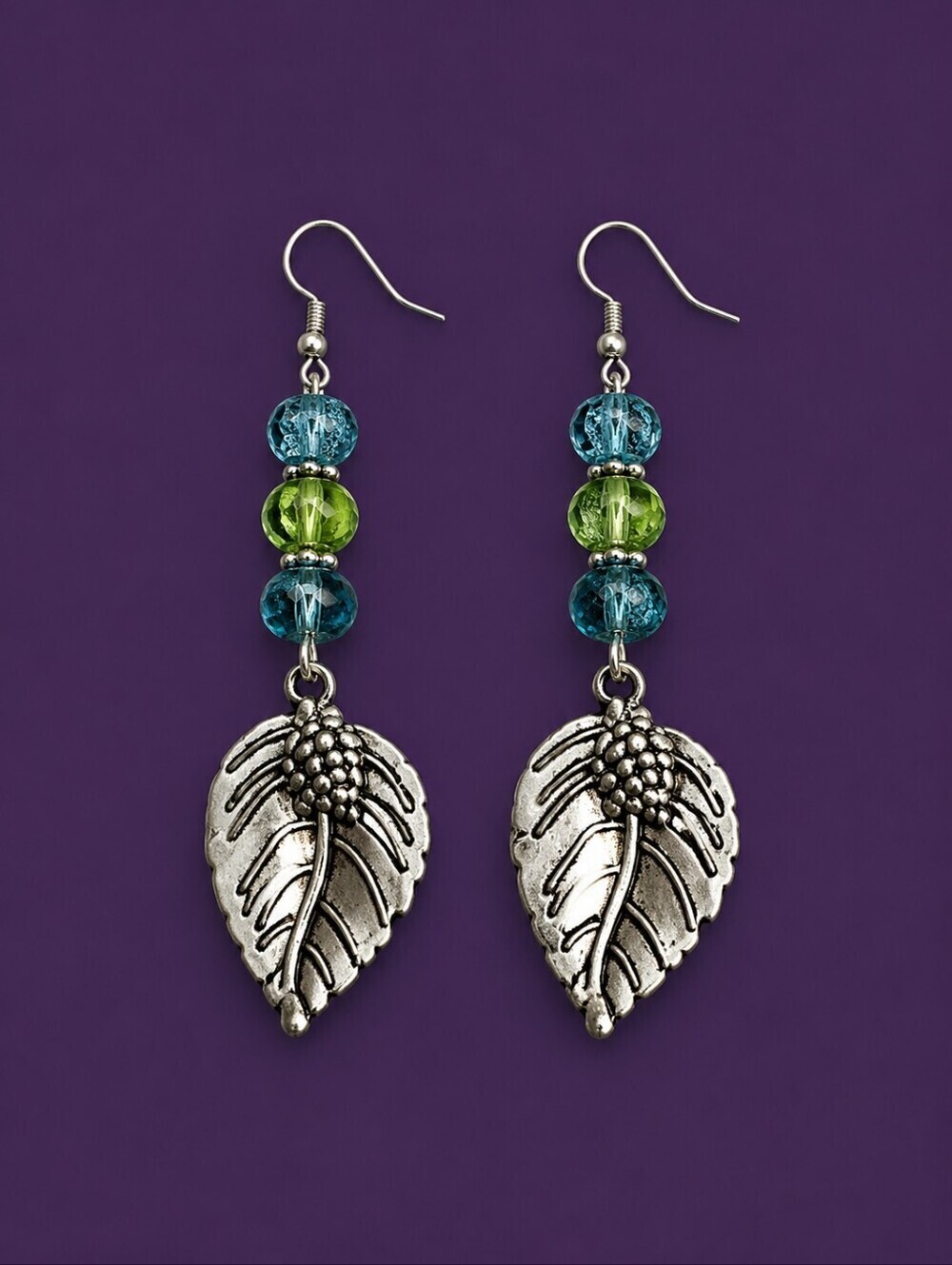 HANDMADE Picasso Icy Blue Czech Glass Dangle Leaf Pine Cone Charm Earrings